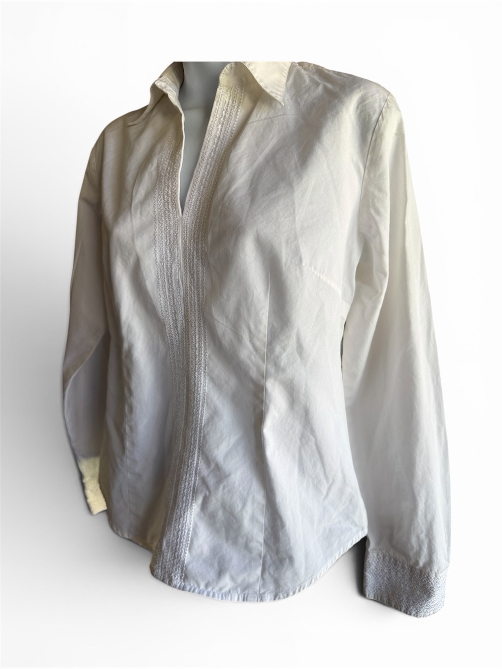 Vintage LOFT White Embroidered V Neck Cuffs Collared Side Zip Fitted Cotton Top